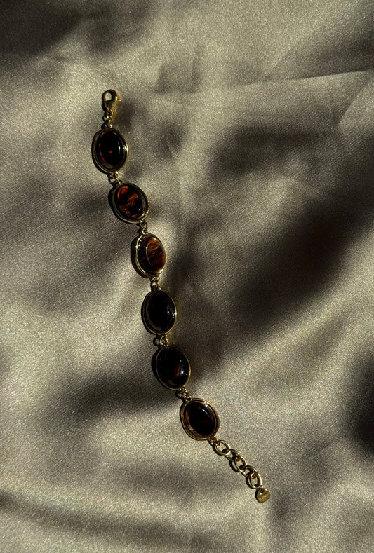 Pulseira Dourada Aço Inoxidável com Pedras Âmbar/Castanhas