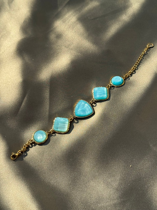 Pulseira Dourada Aço Inoxidável com Pedras Azuis com Formas